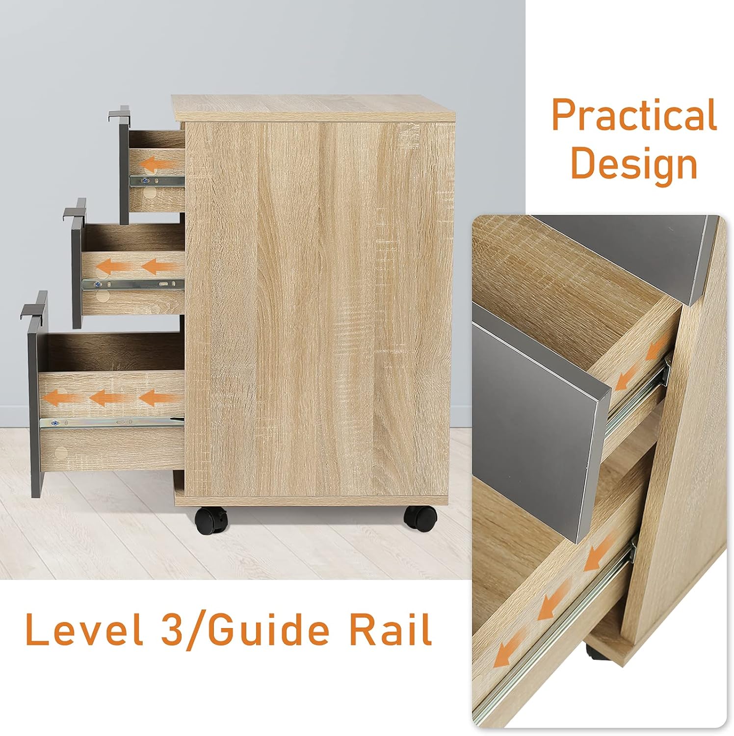 DASROOM 3 Drawer Rolling Wood File Cabinet Home Office Portable Vertical Mobile Storage Filing Cabinet with Wheels, Assembly Required, Oak