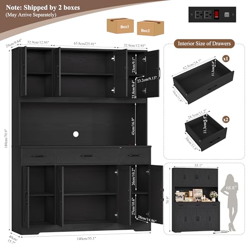 HOSTACK 71" Tall Kitchen Pantry Storage Cabinet with Charging Station, 55" Wide Kitchen Hutch Cabinet with Large Countertop