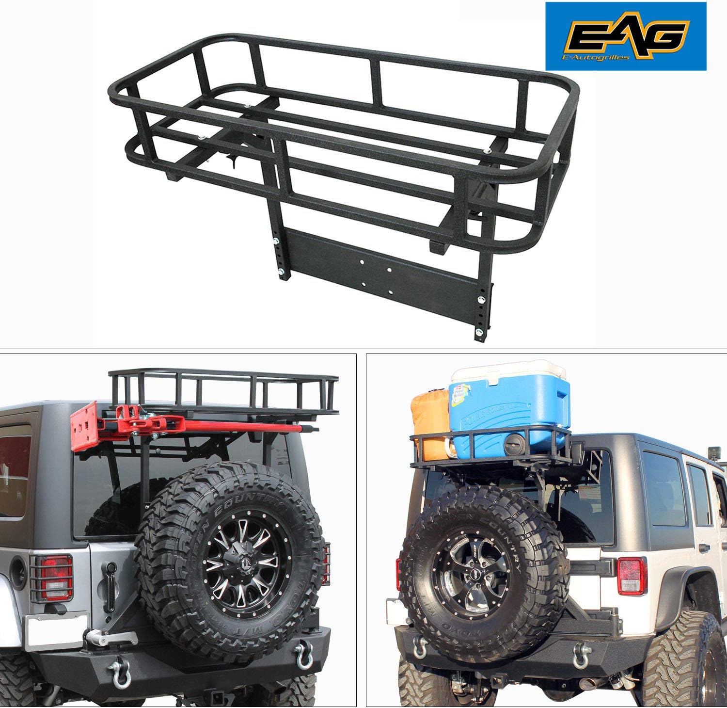EAG Black Steel Rear Cargo Basket for Rear Bumper with Tire Carrier Fit for Wrangler 87-96 YJ 97-06 TJ 07-18 JK