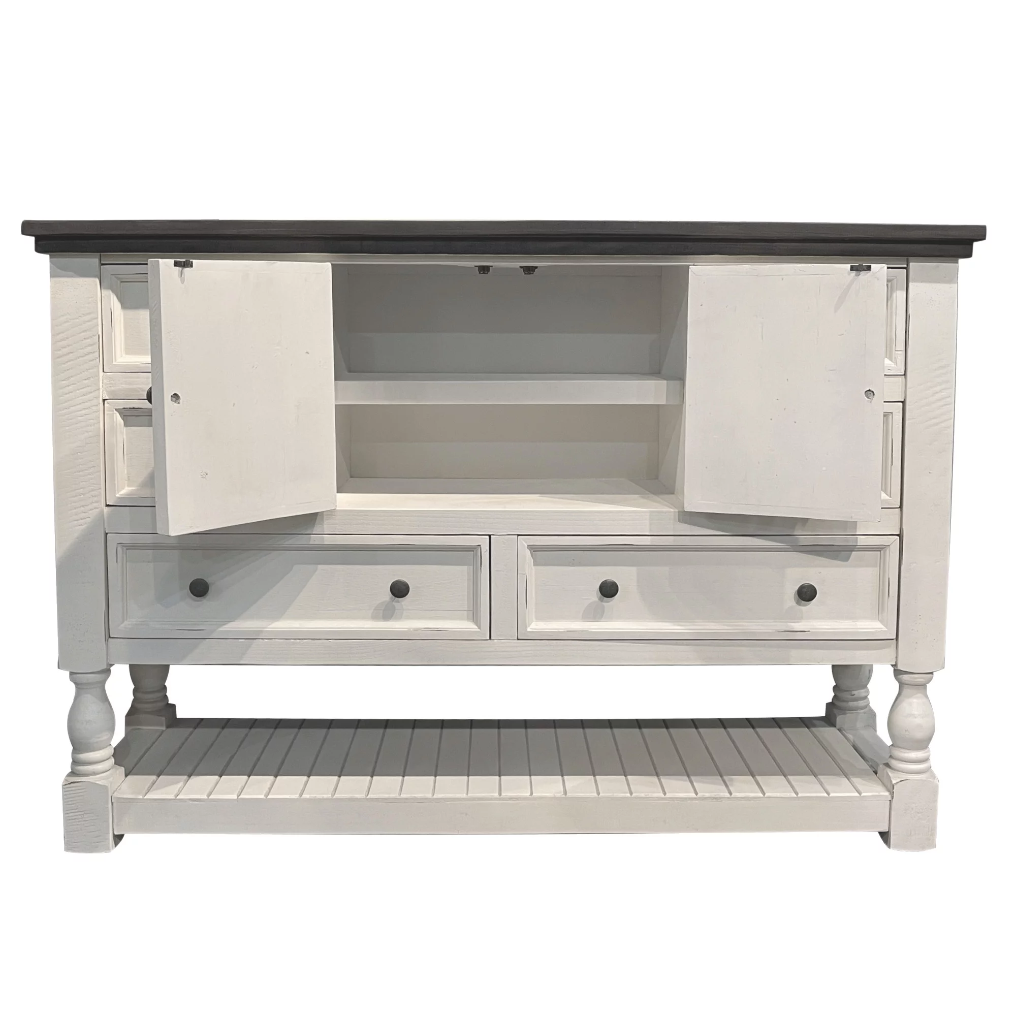 Rustic French 6 Drawer Dresser 2 Cabinets/Shelf in Distressed White/Brown Wood