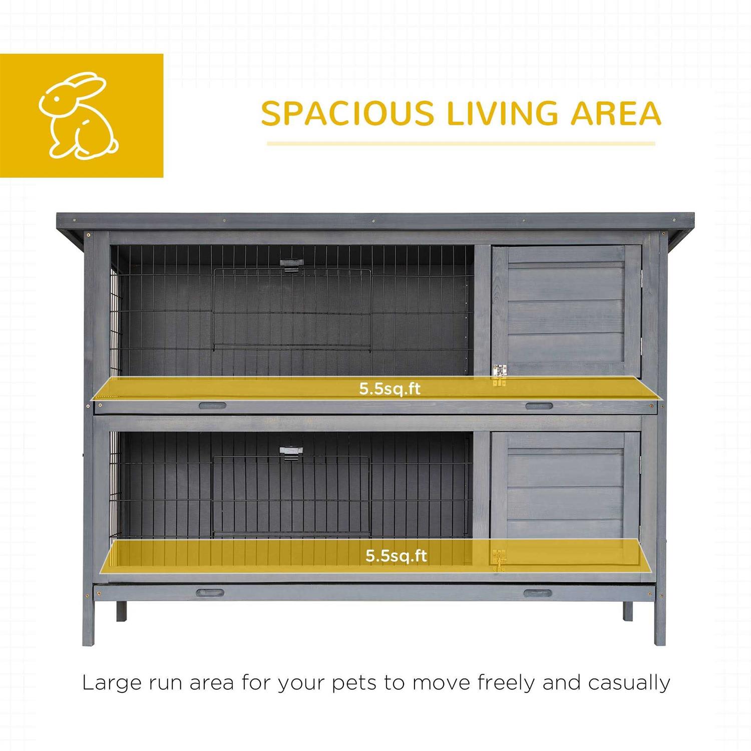 PawHut 54 2-Story Large Rabbit Hutch Bunny Cage Wooden Pet House Small Animal Habitat with Lockable Doors, No Leak Tray and Waterproof Roof