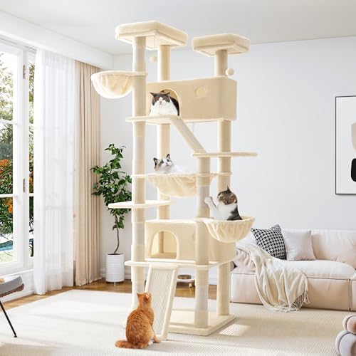 Allewie 81 Inches Tall Cat Tree/Multi-Level Large Climbing Tree House and Towers for Big Feline/Condo and Hammock/Scratching Post/Wide Base/Dark Grey