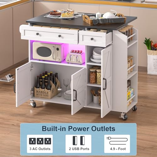 Kitchen Island with Drop Leaf, Rolling kitchen island with power outlet and Led Light, Kitchen Island with Storage Cabinet, Spice Rack, Drawer