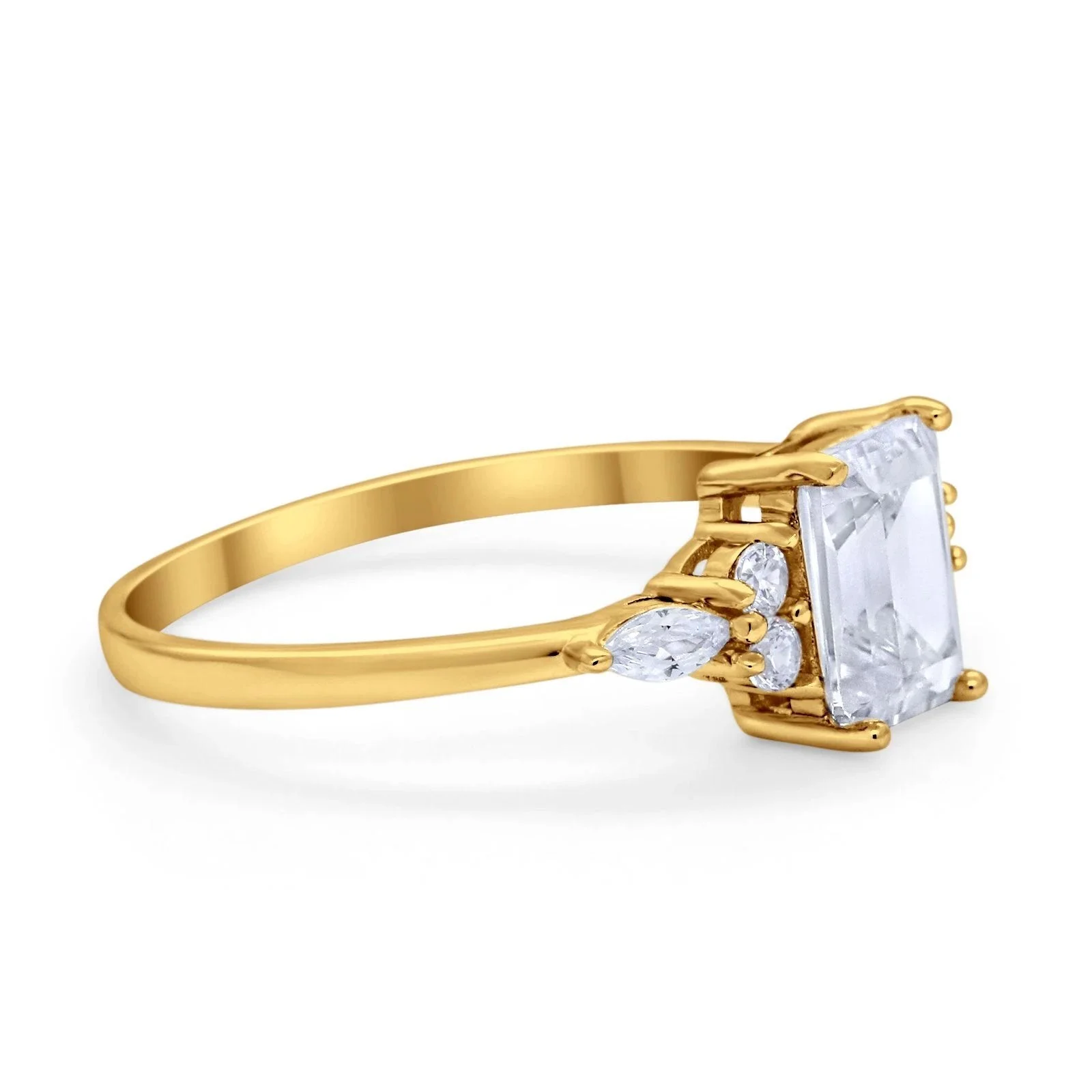 14K Yellow Gold Art Deco Emerald Cut Engagement Women Ring Marquise & Round Simulated CZ