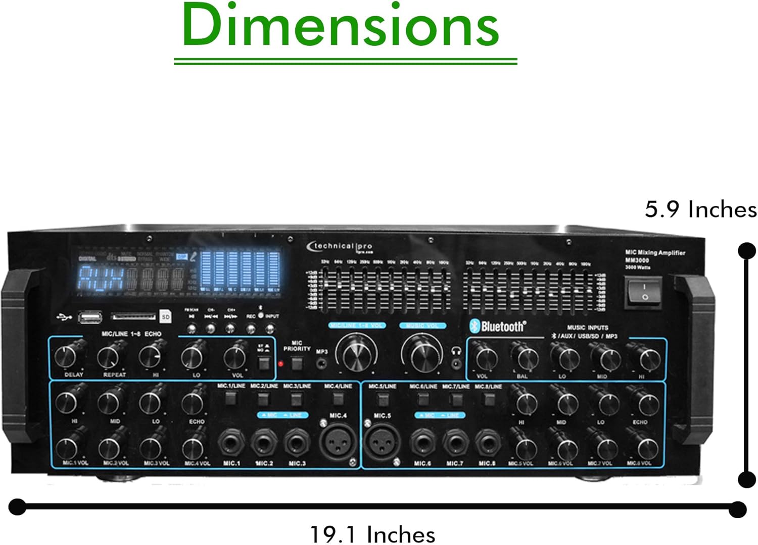 Technical Pro 3000 Watts Professional Mic Mixing Amplifier w/USB SD Card Inputs, Bluetooth Compatibility, Built-in Dual 10 Band Equalizers
