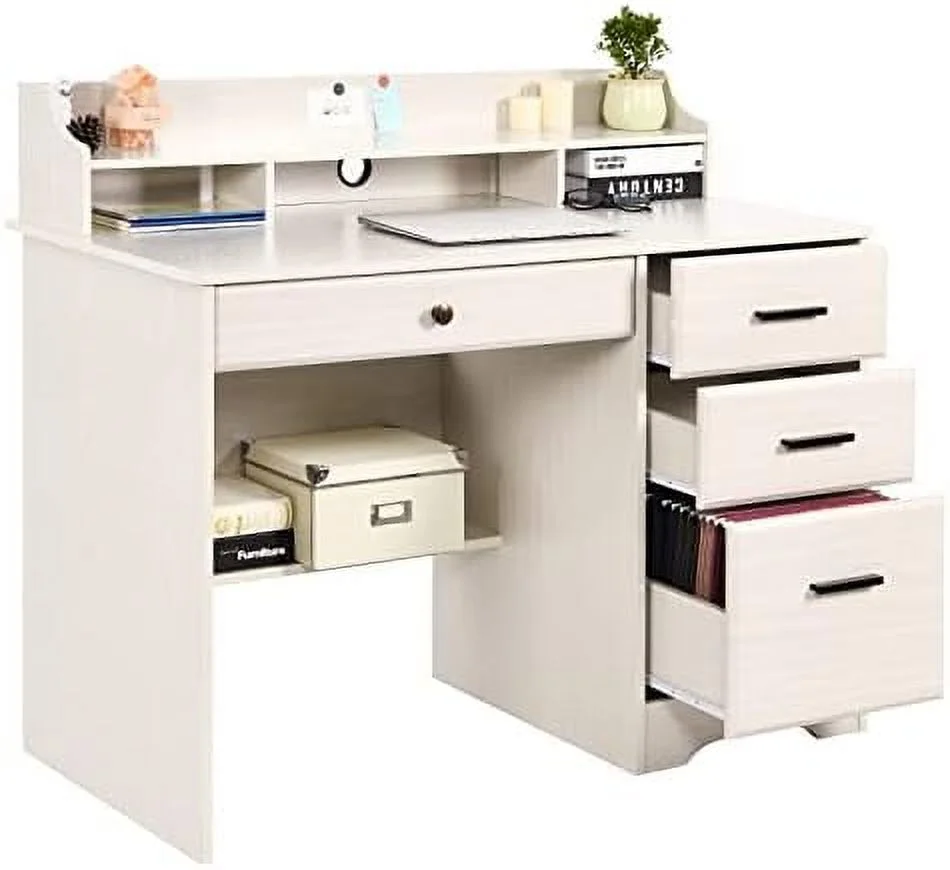 HJZUINIUNIU Computer Desk with 4 Drawers and Small Office Desk with File Drawers and Hutch Farmhouse Wood Writing Student Table for Home Office