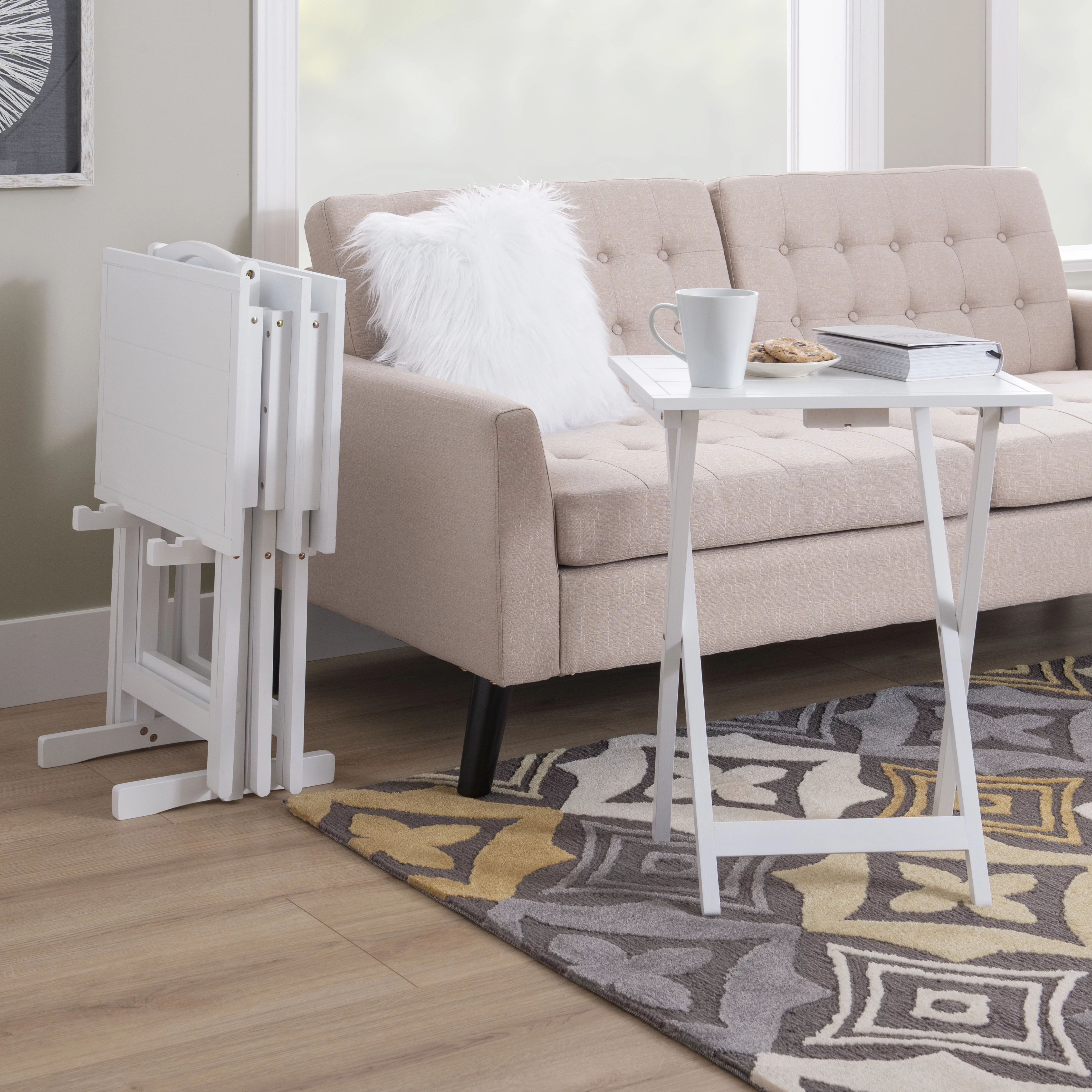 Lisbon Folding Tray Table Set with Stand, 5 Pieces, White