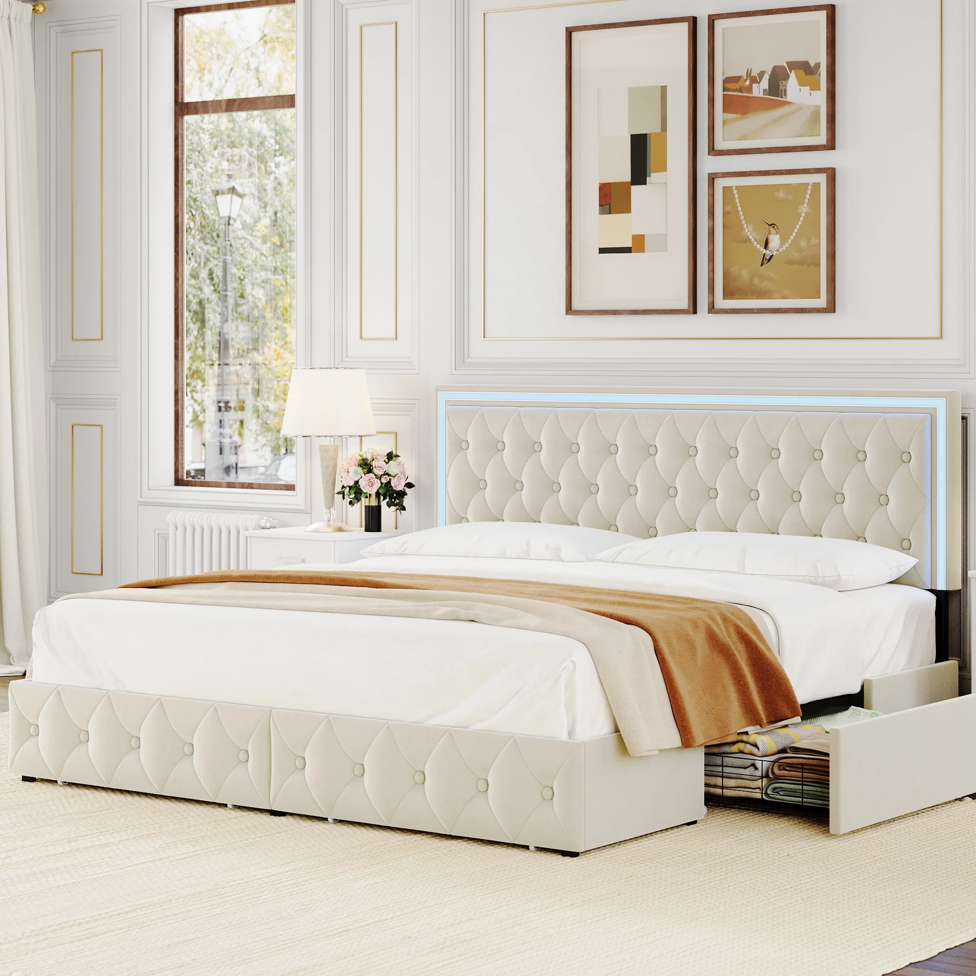 Homfa King LED Bed, 9 Colors LED Lights Platform Bed Frame with 4 Storage Drawers, Adjustable Upholstered Headboard with Button Tufted, Velvet Beige