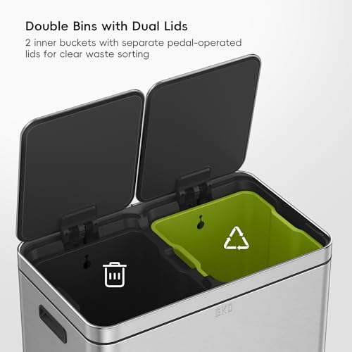 EKO EcoCasa II 36L+24L Dual Trash Can with Recycle Bin, Stainless Steel Garbage Can with Lid, Deodorizer Compartment