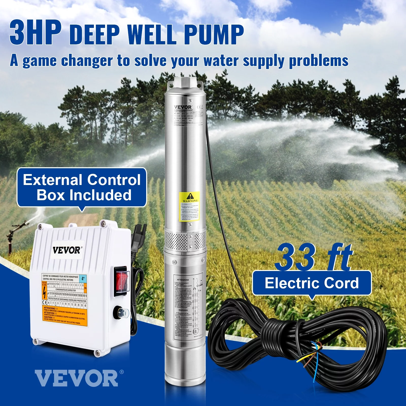 VEVOR Deep Well Submersible Pump, 3HP 230V/60Hz, 37GPM 640 ft Head, with 33 ft Cord & External Control Box