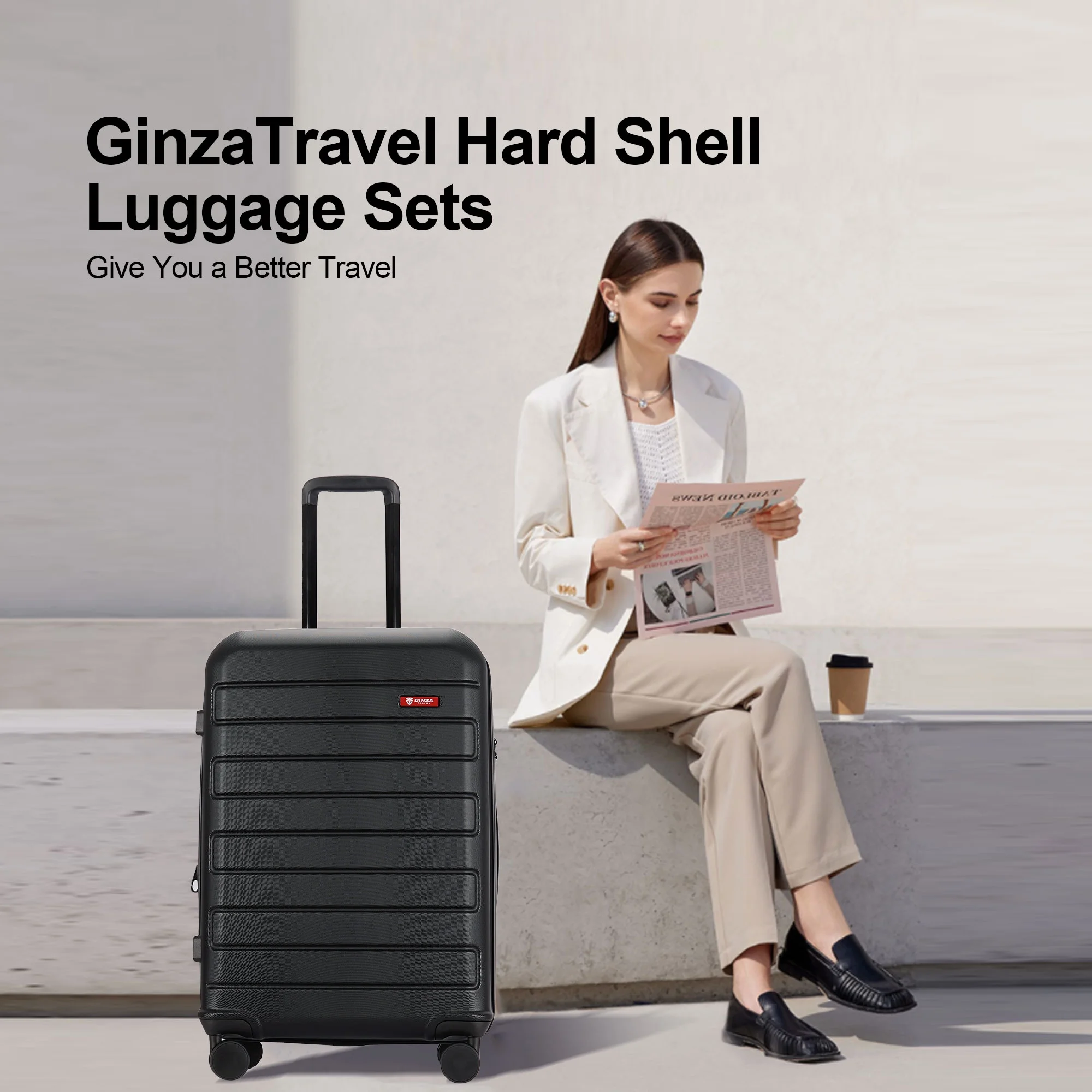 GinzaTravel 3 Piece Expandable Luggage Sets,Large Hard Side Suitcase with Wheels&TSA Lock,Black