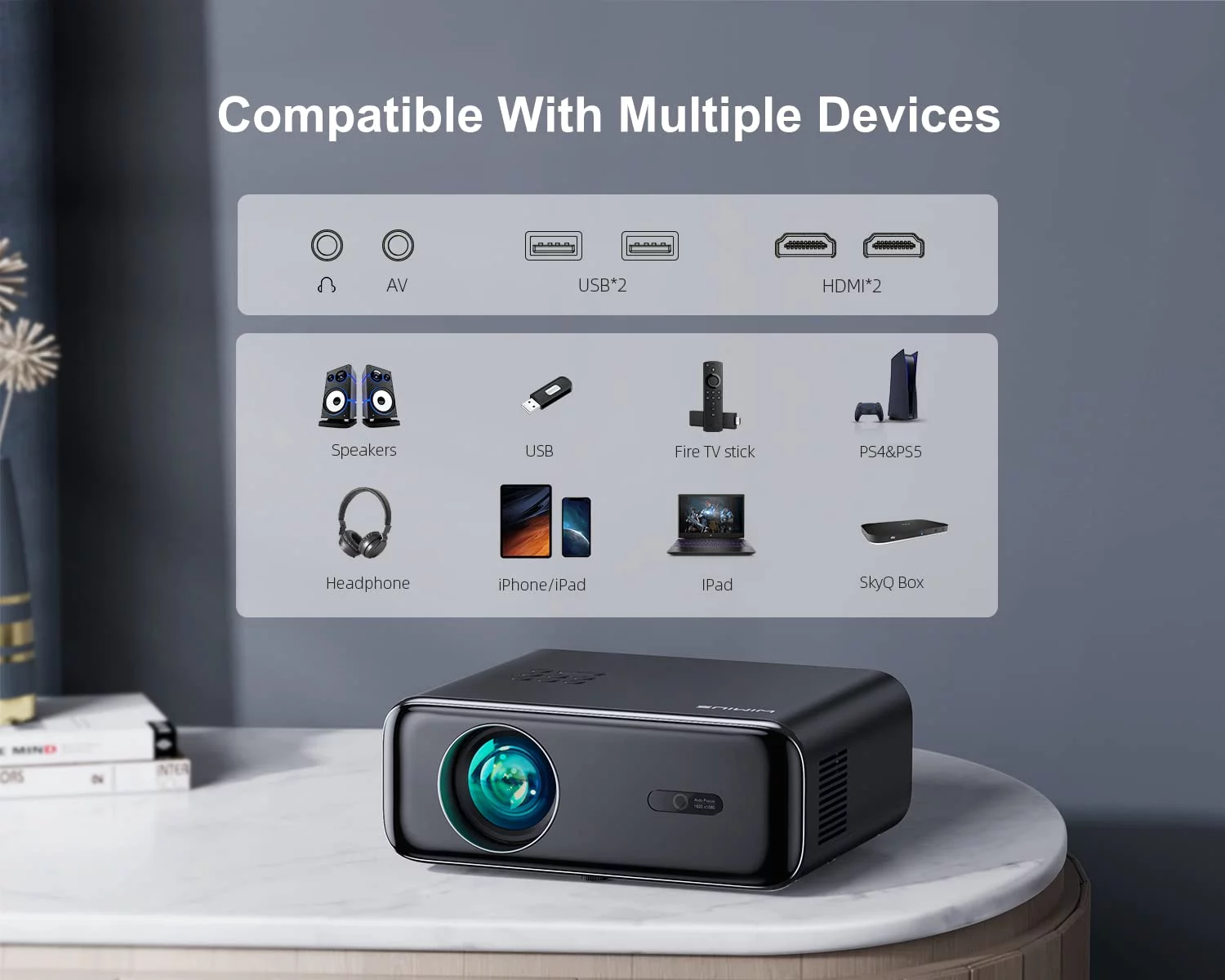 [Auto Focus] Wimius Projector, Native 1080P Projector with WiFi and Bluetooth, Smart Home Movie Projector 4K Support, 300 Large Screen