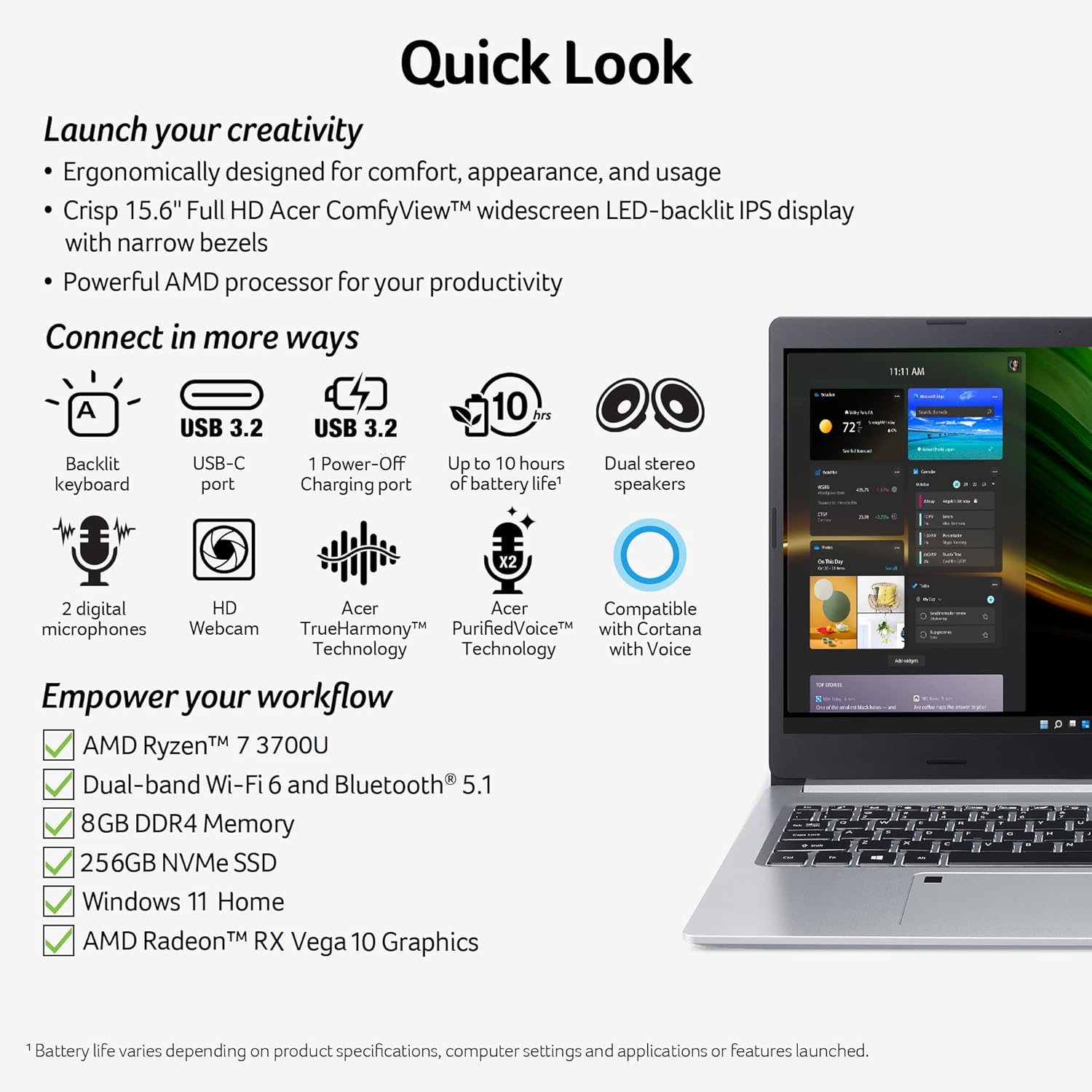 Acer Aspire 5 A515-46-R3CZ Slim Laptop | 15.6" Full HD IPS | AMD Ryzen 7 3700U Quad-Core Mobile Processor | 8GB DDR4 | 256GB NVMe SSD | WiFi 6 |
