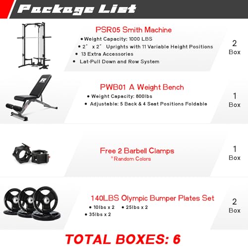 RitFit Smith Machine Power Rack with LAT-Pull Down System, Landmine, Barbell Bar, Plate Storage Pegs and More Training Attachment