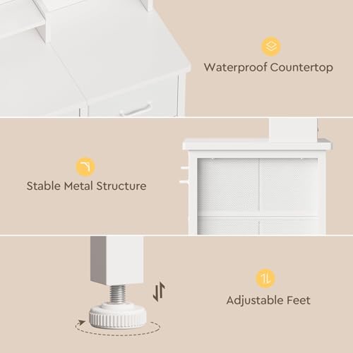 Makeup Vanity Desk with Mirror and Lights, Small Vanity with Fabric Storage Drawer & Chair & Shelves, White Compact Makeup Vanity Set for Bedroom