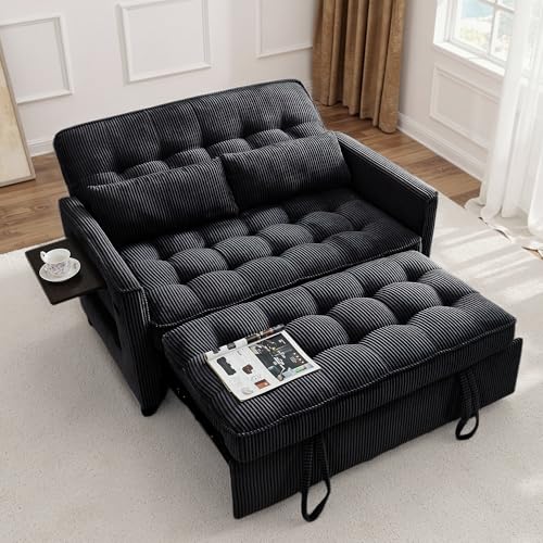 Sleeper Sofa Bed, 52‘’ Convertible Pull Out Couch with Small Table| USB Port | Side Pockets | Corduroy Fabric | Adjustable Backrest for Apartment