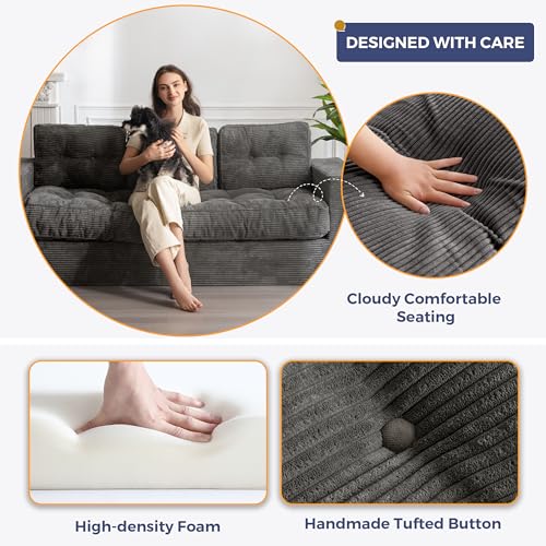 MAXYOYO 3 Seater Couch for Living Room, Boneless Couch with Tufted Cushion & Backrest, Upholstered Floor Sofa with Armrests, Sofa in A Box