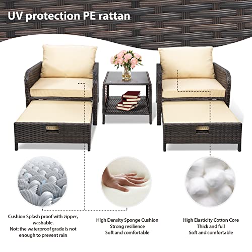 LEVELEVE Balcony Furniture 5 Piece Patio Conversation Set, PE Wicker Rattan Outdoor Lounge Chairs with Soft Cushions 2 Ottoman&Glass Table for Porch