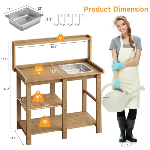 Potting Bench, Outdoor Potting Bench Table with Removable Sink, HDPS Potting Benches for Outside, Garden Table with Storage Shelves & 4 Side Hooks