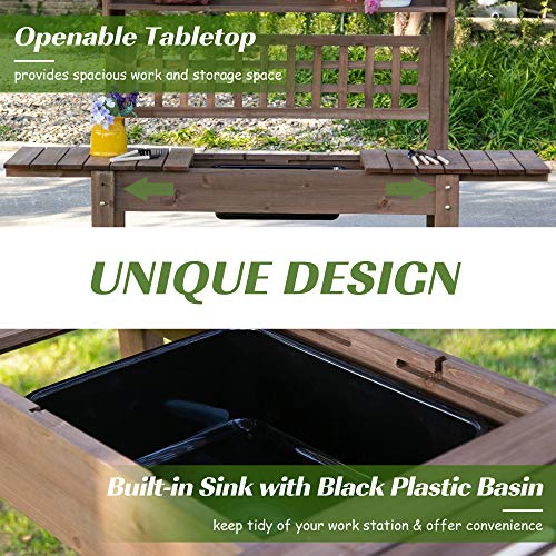 Outsunny Outdoor Potting Bench Table, Wooden Workstation with Sliding Tabletop, Storage Shelf and Dry Sink, for Greenhouse, Garden, Patio, Brown