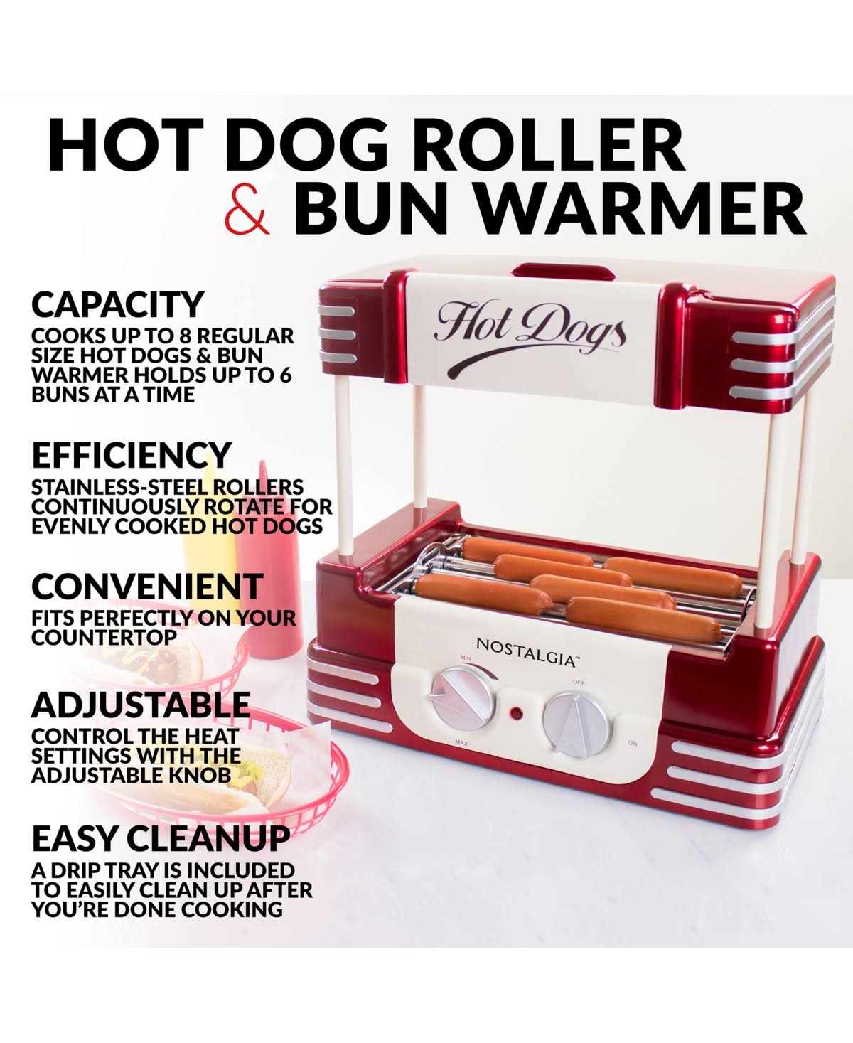 Nostalgia Hdr8rr Roller Warmer 8 Hot Dog and 6 Bun Capacity