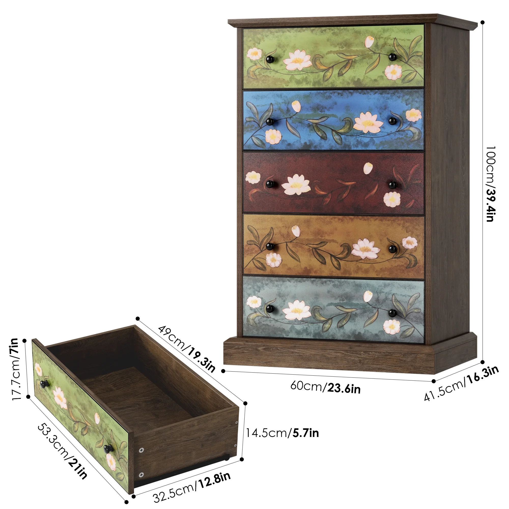 Homfa 5 Drawer Dresser for Bedroom, Boho Wood Storage Cabinet for Entryway Living Room, Wide Top, Study Base, Women