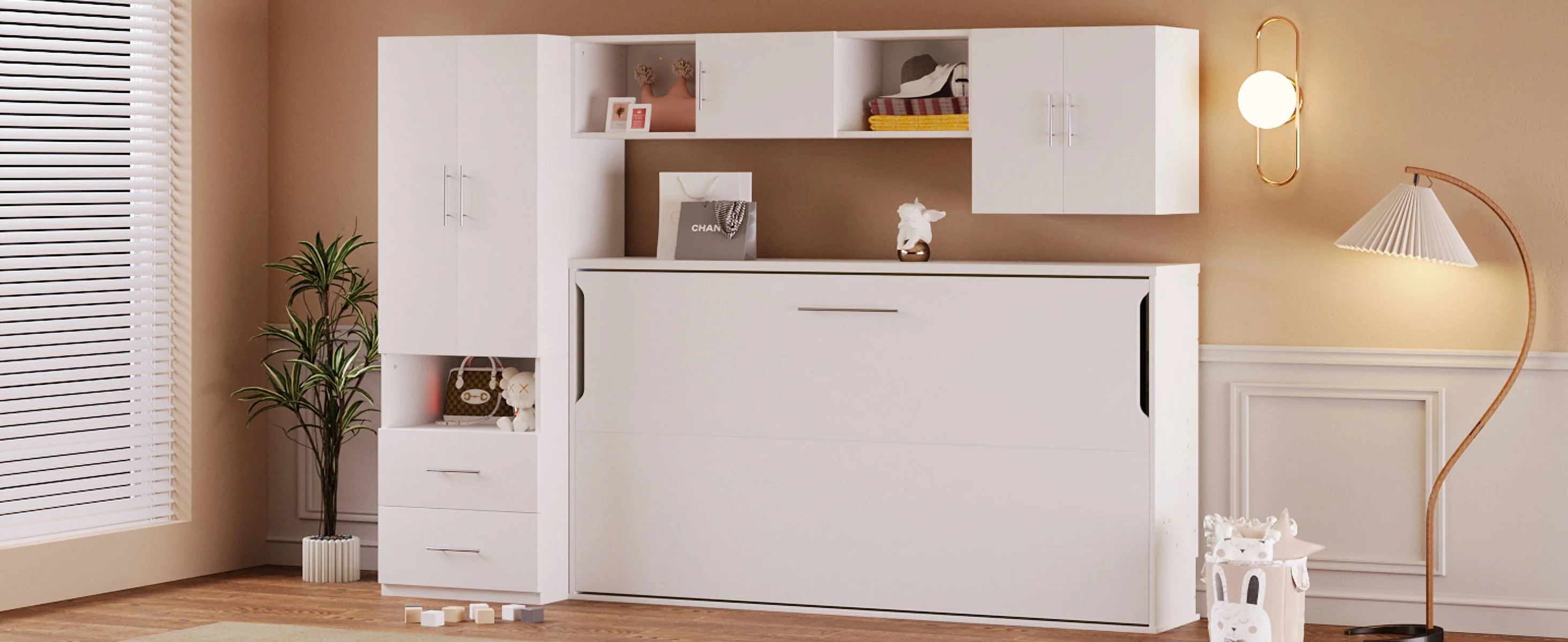 CoSoTower Twin Size Murphy Bed with Open Shelves and Storage Drawers,Built-In Wardrobe and Table, White