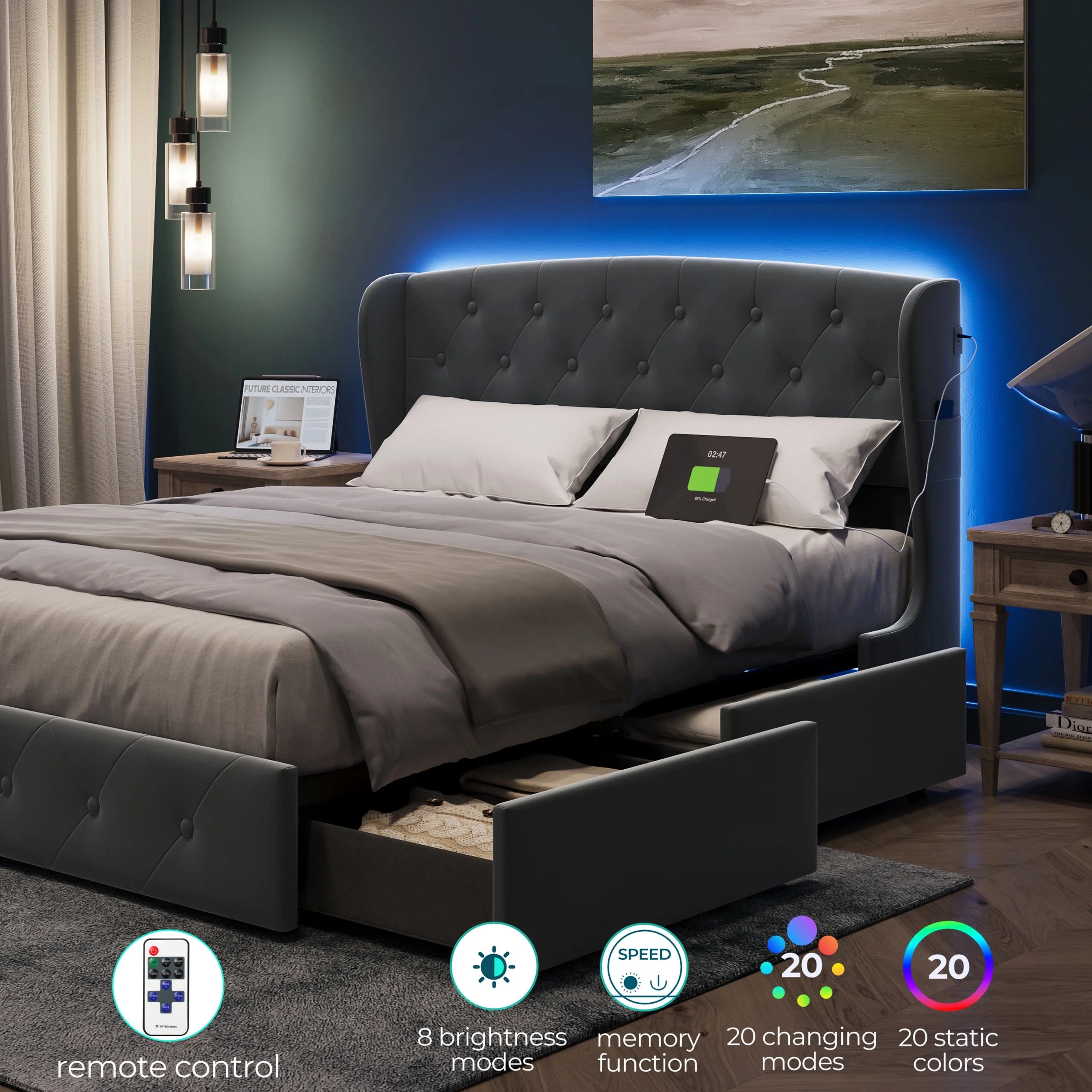 Linsy Home Upholstered Queen Size Platform Bed Frame with Headboard and 4 Storage Drawers, Storage Bed with Remote RGB Lights & Fast Charger