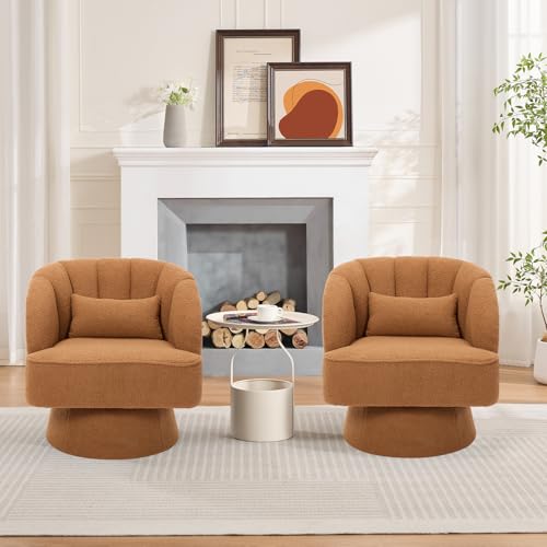 GarveeHome Modern Swivel Barrel Accent Chair, 360° Teddy Fabric Upholstered Armchair with Striped Backrest & Plush Padding