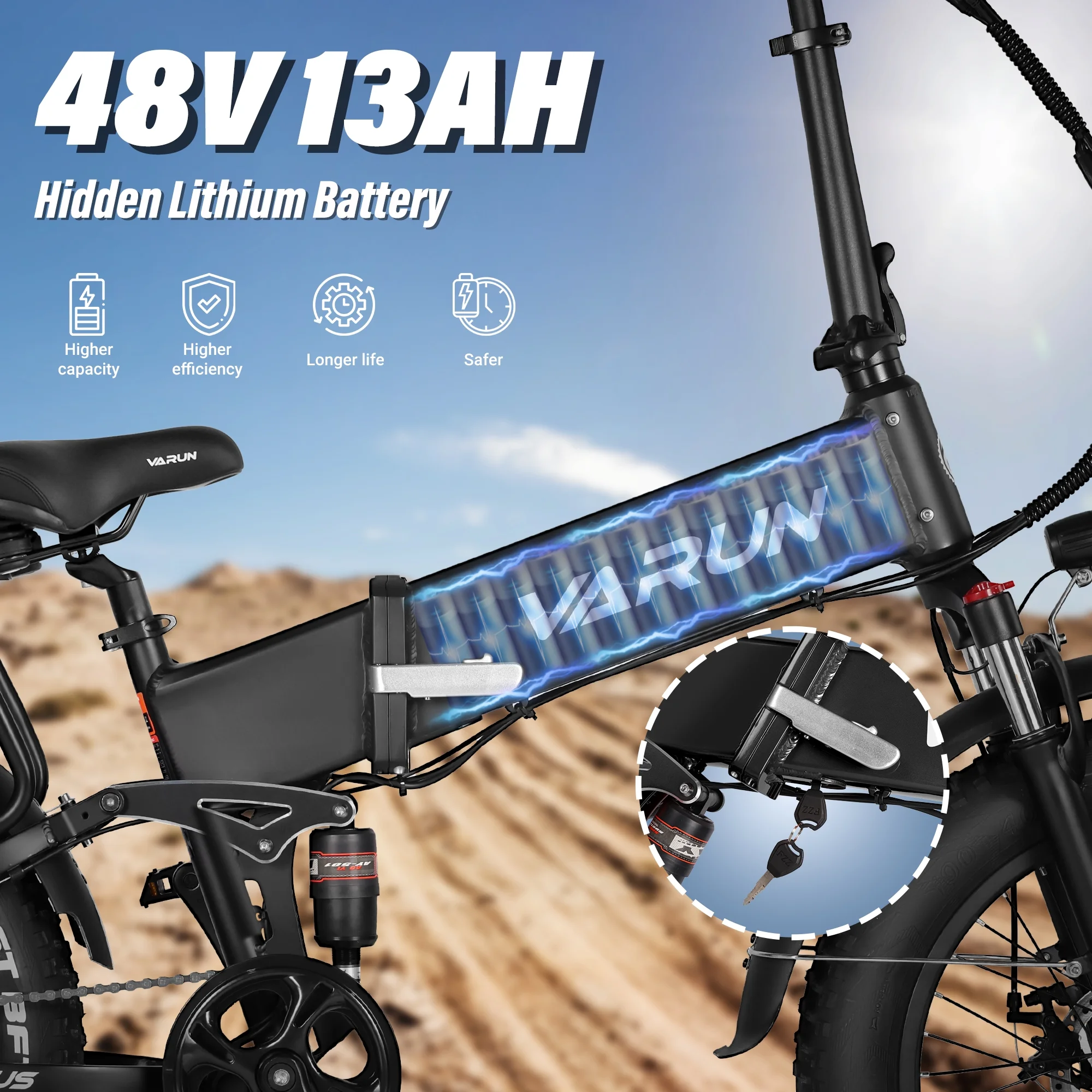 VARUN Folding Electric Bike for Adults - Peak 750W Fat Tire Electric Bike with 48V 13Ah Anti-Theft Battery