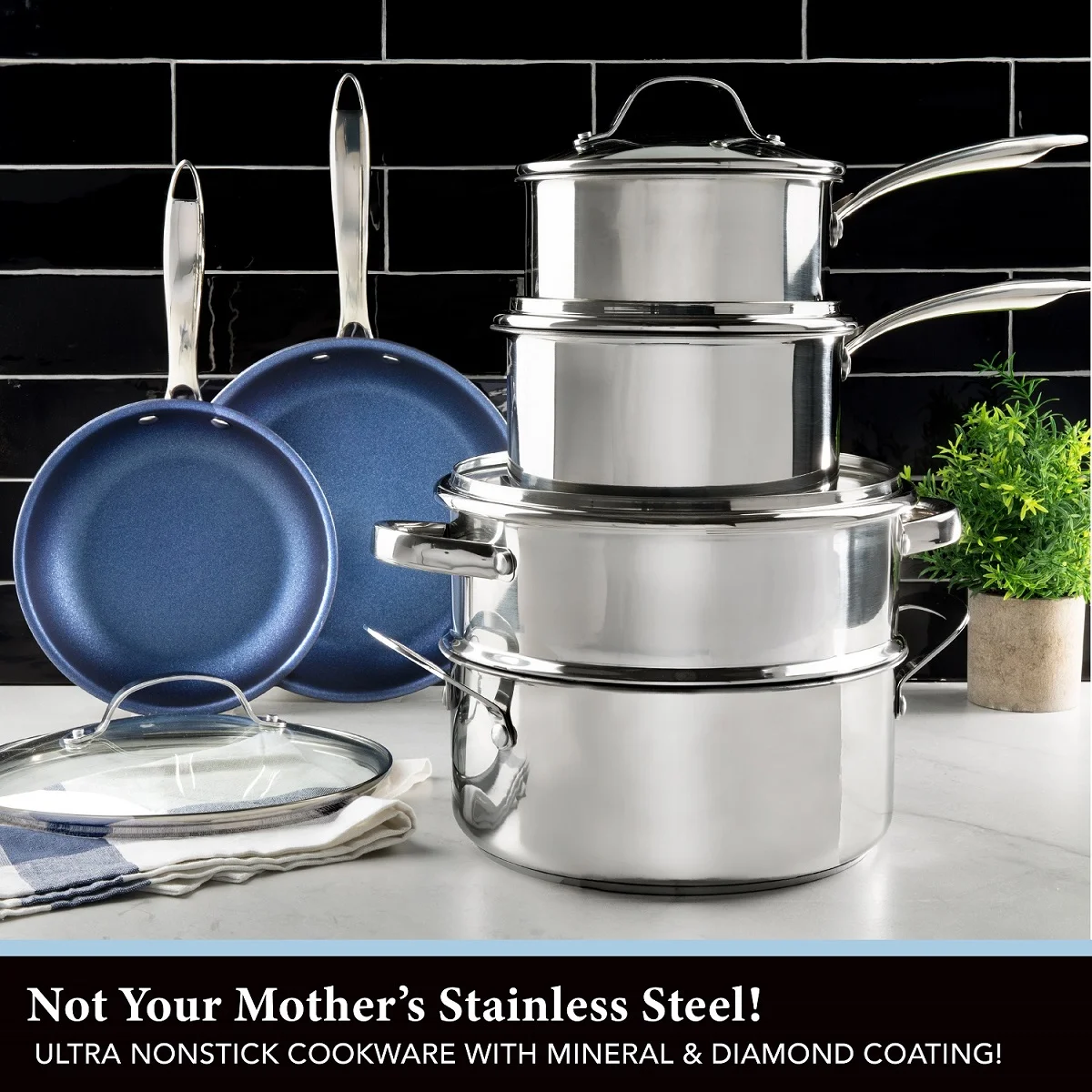 Granitestone Pro Stainless-Steel Pots & Pans Set Nonstick, Tri-Ply Base, 10 Piece Blue Nonstick Cookware Set includes Frying Pans