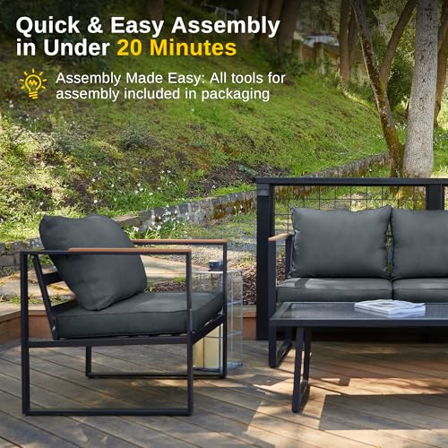 EAST OAK Courtyard Patio Furniture Set, 4-Piece Outdoor Patio Set with Sofa, Removable & Washable Deep Seating Cushion, Tempered Glass Table