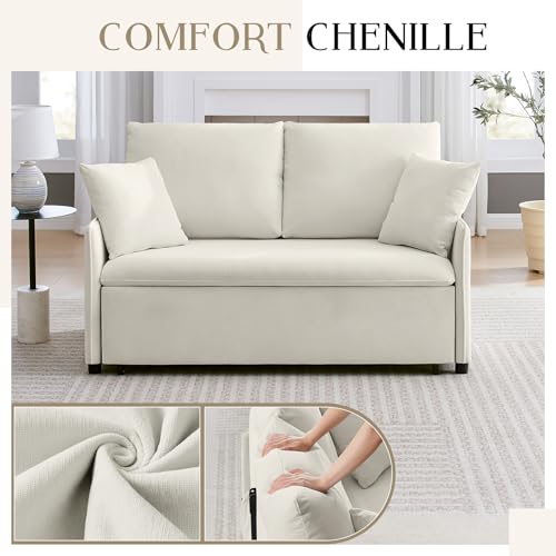 55" 3-in-1 Convertible Sleeper Sofa Bed with Adjustable Backrest - Soft Chenille Futon Couch for Living Room, Office & Apartment, Beige