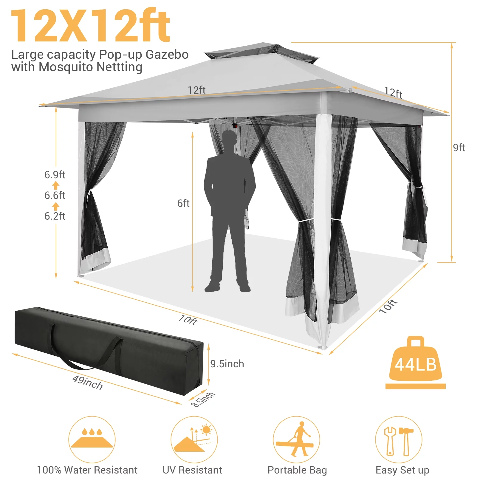 SANOPY 12x12FT Outdoor Gazebo Pop Up Gazebo with Mosquito Netting, Instant Patio Canopy Tent for Shade and Rain