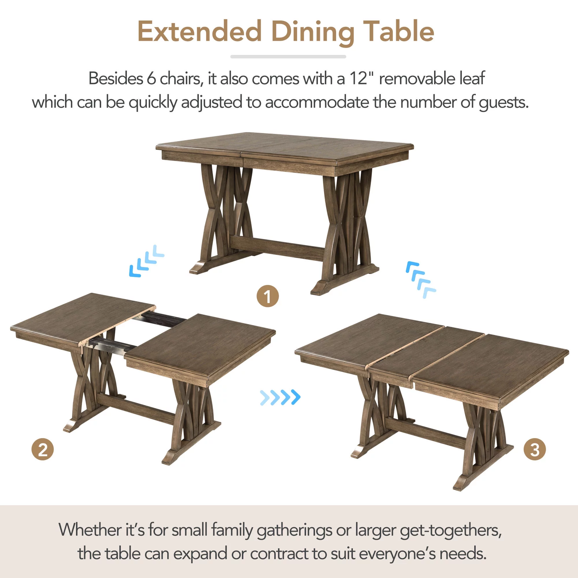 TOPMAX Mid-Century Solid Wood 7-Piece Dining Table Set Extendable Kitchen Table Set with Upholstered Chairs and 12" Leaf for 6