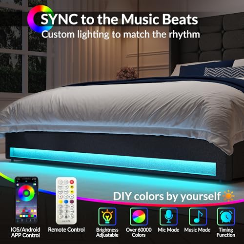 Queen Size LED Bed Frame with 4 Storage Drawers and Tufted Headboard Velvet Upholstered Platform Bed Frame Wingback Beds with Heavy Duty Wood Slats