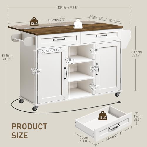 Kitchen Island with Power Outlets & Drop Leaf, Kitchen Cart with Storage, Drawer and Spice Rack, Tower Rack, Island Table, White and Walnut