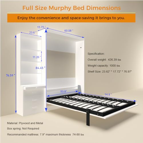 Queen Size Murphy Bed Wall Cabinet with 2 Wardrobe and Storage Shelf, Wooden Murphy Cube Wall Bed