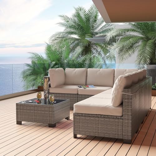 6 Piece Outdoor Patio Furniture Set with Coffee Table, Rattan Deck Conversation Sofa Set