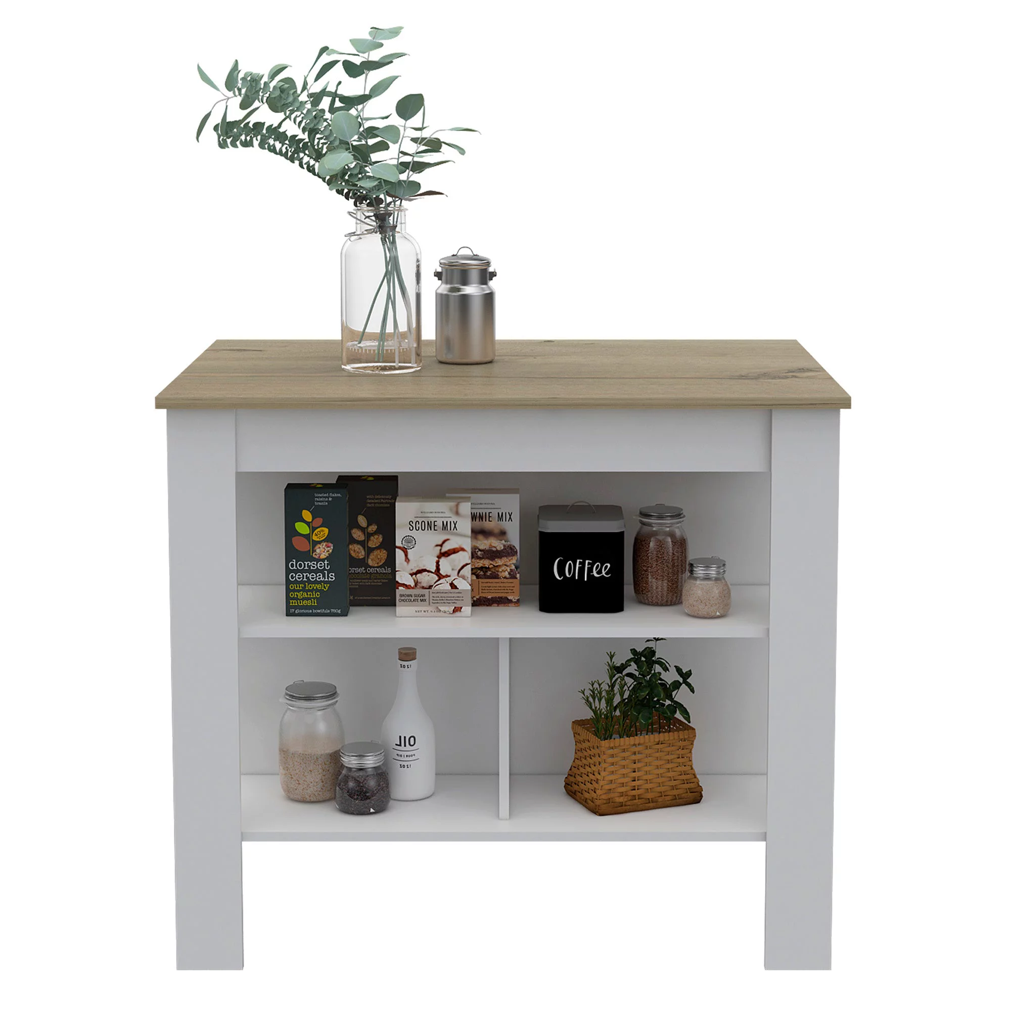 Boahaus Le Havre White Painted Kitchen Island, Wood Tabletop
