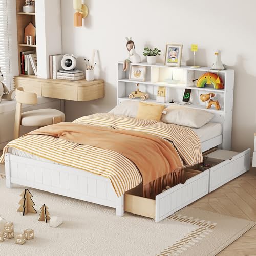 Twin Size Platform Bed with Bookcase Headboard, USB Charging Station and Downlight,Wood Twin Capatain Bed Frames with 2 Storage Drawers