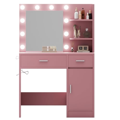 Vanity Desk with Mirror and Lights, Makeup Vanity with Drawer & Storage Shelves, Cabinet, 3 Lighting Modes Adjustable Brightness