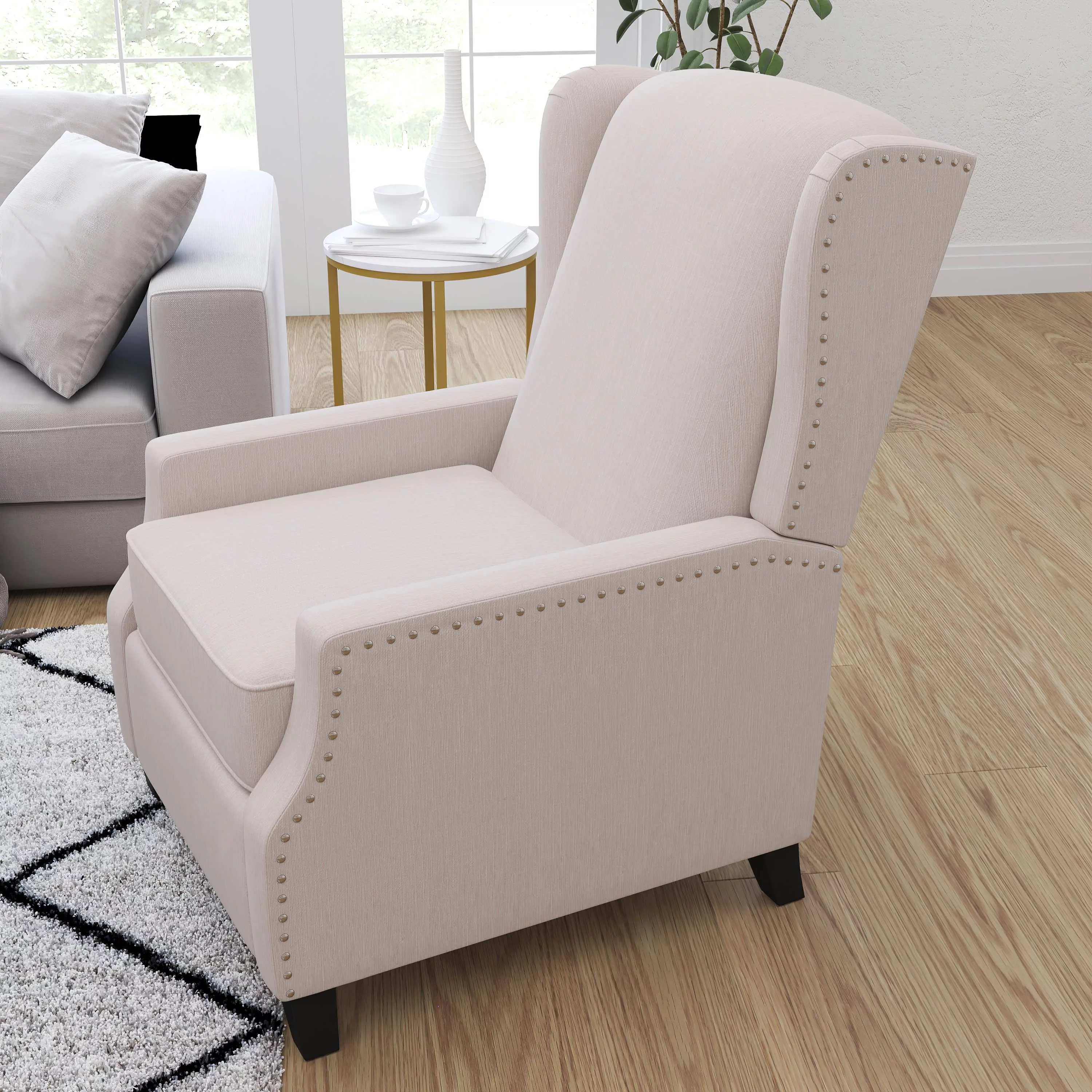 Merrick Lane Contemporary Pushback Recliner with Accent Nail Trim-Wingback Manual Recliner in Cream Fabric Upholstery