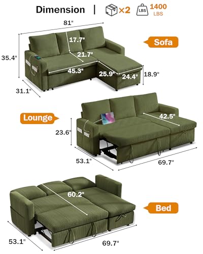 81" Sleeper Sofa Bed with Pull Out Bed, L Shaped Couch Sectional Sleeper Sofa, Pull Out Couch with Reclining Backrest, Reversible Storage Chaise