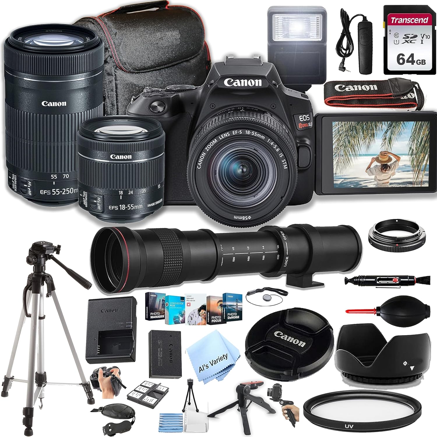 Canon EOS Rebel SL3 DSLR Camera w/EF-S 18-55mm F/4-5.6 STM Zoom Lens + 55-250mm f/4-5.6 is STM Lens + 420-800mm Super Telephoto Lens + 64GB Memory