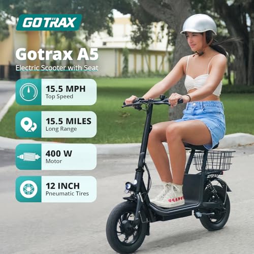 Gotrax A5 Electric Scooter w/Seat for 13+, 12" Pneumatic Tire, Max 15.5 Miles &15.5 Mph Power by 400W Motor, Dual Rear Shock Absorber &Dual Brake