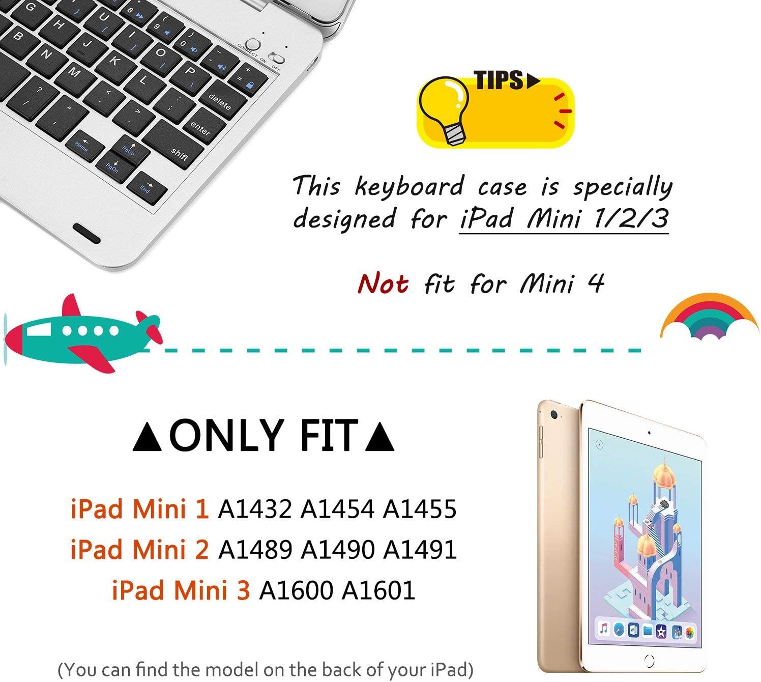 ONHI Wireless Keyboard for iPad Mini Keyboard Case, Folio Flip Smart Cover for iPad Mini 3/ iPad Mini 2/ iPad Mini 1 with Folding Stand