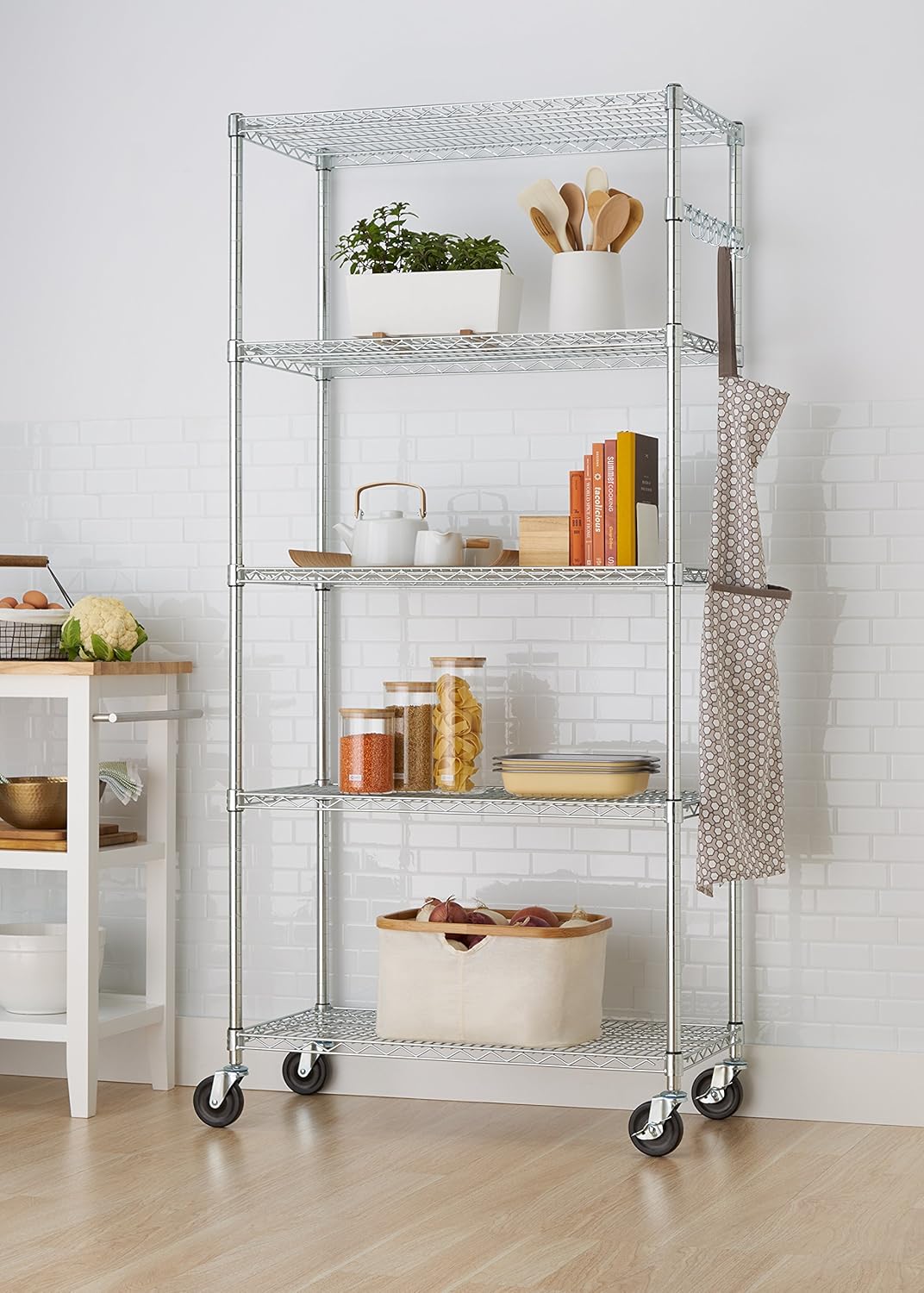 TRINITY EcoStorage Heavy Duty 5-Tier Adjustable Wire Shelving with Wheels and Storage Hooks for Kitchen Organization, Garage Storage, NSF Certified
