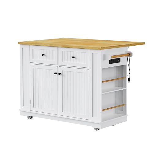 Rolling Kitchen Island with Drop Leaf & Power Outlet, Large Kitchen Islands Cart on Wheels