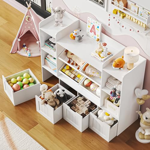 Toy Storage Organizer, Toy Organizer Kids Bookshelf with 4 Movable Drawers and 4 Box Bins, Playroom Organization and Storage for Kids Room